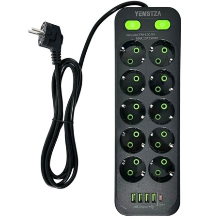 Удлинитель 10 розеток 4 USB 1 Type-C Yemstza YM-LD10U Черный