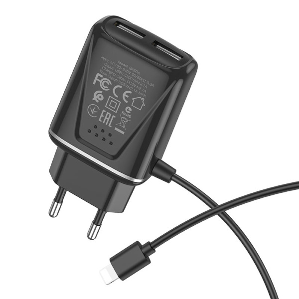 Зарядное устройство BOROFONE BA50A Beneficence 2*USB + Кабель USB-Lightning, 2.1A, черный