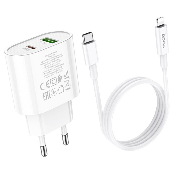 Сетевое зарядное устройство Hoco C95A PD 20W QC3.0  2 выхода USB и Type-C с кабелем Type-С Lightning