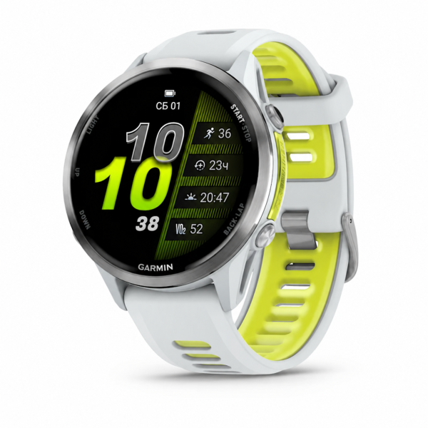 Спортивные часы Garmin Forerunner 970 47 мм, белый корпус Whitestone, титановый безель, ремешок белый / полупрозрачный жёлтый (010-02969-11)