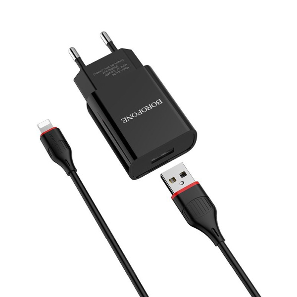 Зарядное устройство BOROFONE BA20A 2.1, one USB, Lightning cable, Black