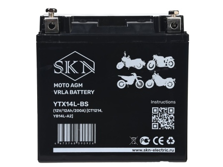 Аккумулятор стартерный для мототехники SKN YTX14L-BS (12V/12Ah/200А) [CT1214, YB14L-A2]