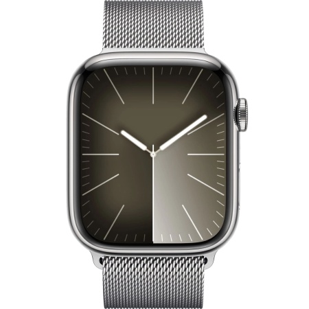Apple Watch Series 9, 45 mm, корпус из нержавеющей стали серебристого цвета, миланский сетчатый ремешок серебристого цвета