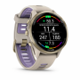 Garmin Forerunner 970 47 мм: серый корпус French Grey и золотистый титановый безель Soft Gold, экран беговой динамики и двухцветный ремешок — русская адаптация; потеря скорости шага измеряется с отдельно приобретаемым HRM 600
