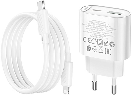 Сетевое зарядное устройство Hoco C109A Fighter, PD20W, USB-C + USB-A, с кабелем USB-C → Lightning 1 м, белое
