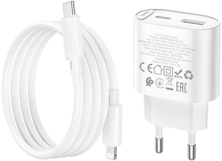 Белый C109A EU и свёрнутый USB-C — Lightning кабель: маркировка модели