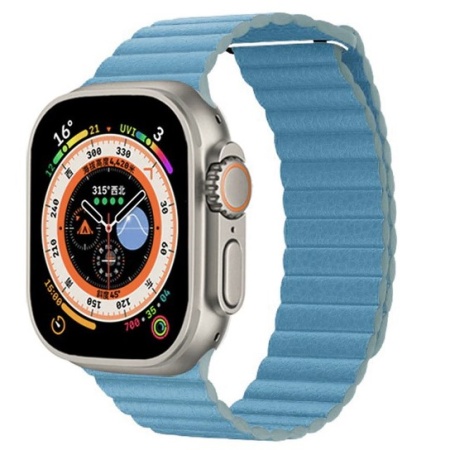 Ремешок кожаный Leather Loop для Apple Watch 42/44/45/49 мм, 225мм, на магните, лазурный