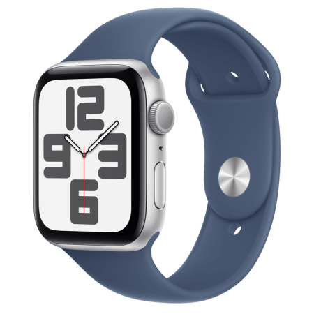 Apple Watch SE 2024, 44 мм, корпус из алюминия серебристого цвета, ремешок Sport Band цвета «синий деним», размер S/M (MXEQ3)