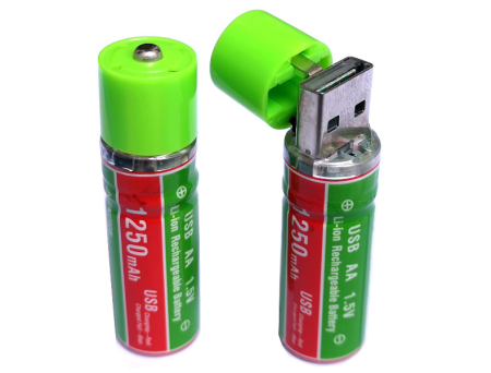 Аккумуляторные батарейки AA USB, 1250 mAh, 1.5V, Li-ion (2 шт.)