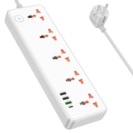 Сетевой фильтр удлинитель Hoco AC14A 5 розеток 3 USB и Type-C 2500W 1.5м Белый