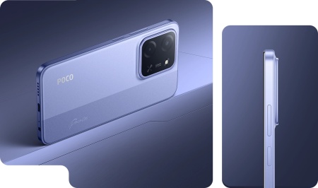 POCO C85 Purple: официальный вид смартфона спереди и сзади