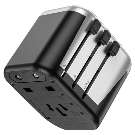 Зарядное устройство для всех стран мира Hoco AC5 Travel Companion, 2USB+1розетка, Черный+Серебристый