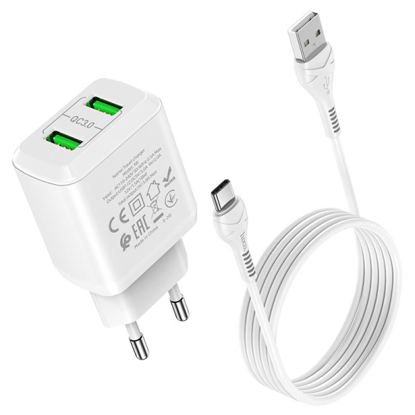 Зарядное устройство HOCO N6 Charmer 2*USB + Кабель USB-Type-C, 3A, белый