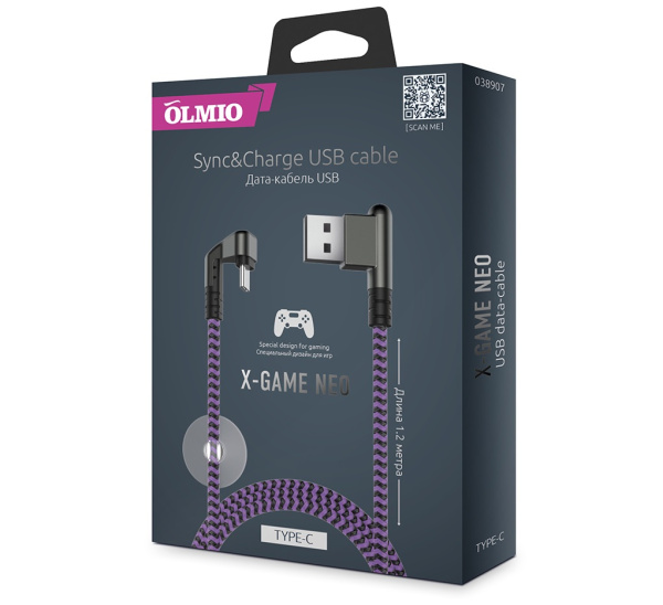 Кабель OLMIO X-Game Neo USB 2.0 - Type-C, 1.2м, 2.1A, игровой Фиолетовый