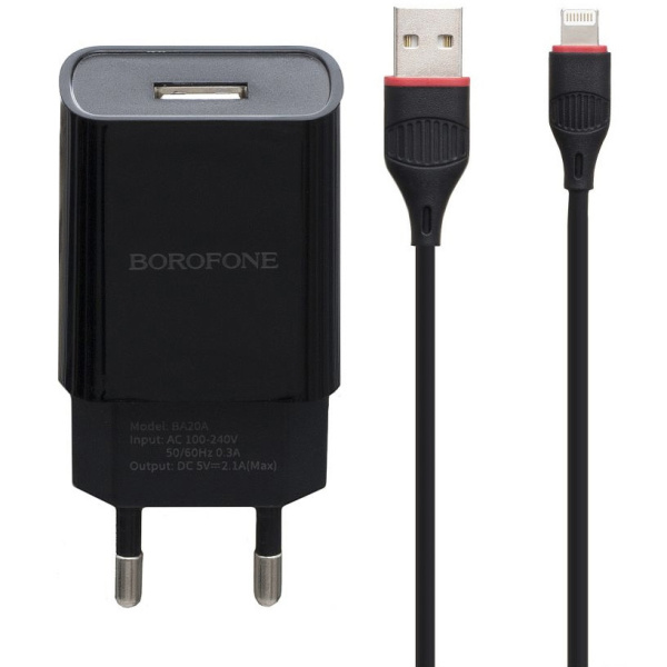 Зарядное устройство BOROFONE BA20A 2.1, one USB, Lightning cable, Black