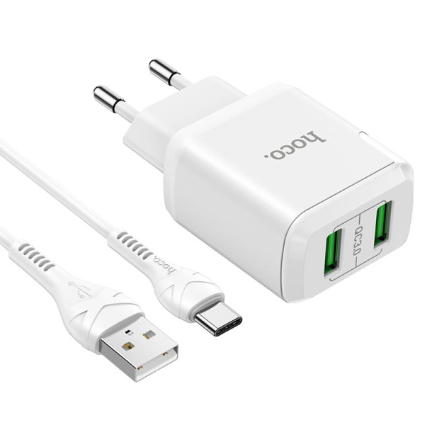 Зарядное устройство HOCO N6 Charmer 2*USB + Кабель USB-Type-C, 3A, белый