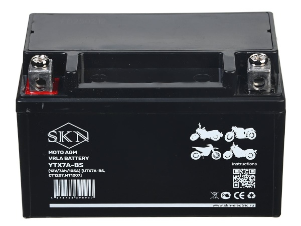 Аккумулятор стартерный для мототехники SKN YTX7A-BS (12V/7Ah/105A) [UTX7A-BS, CT 1207, MT 1207]