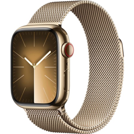 Apple Watch Series 9, 41 mm, корпус из нержавеющей стали золотого цвета, миланский сетчатый ремешок золотого цвета