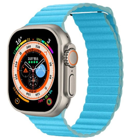 Ремешок кожаный Leather Loop для Apple Watch 42/44/45/49 мм, 225мм, на магните, небесно-синий