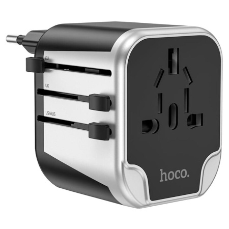 Зарядное устройство для всех стран мира Hoco AC5 Travel Companion, 2USB+1розетка, Черный+Серебристый