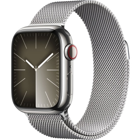Apple Watch Series 9, 41 mm, корпус из нержавеющей стали серебристого цвета, миланский сетчатый ремешок серебристого цвета