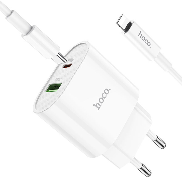 Сетевое зарядное устройство Hoco C95A PD 20W QC3.0  2 выхода USB и Type-C с кабелем Type-С Lightning