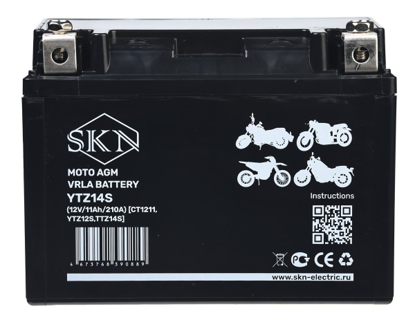 Аккумулятор стартерный для мототехники SKN YTZ14S (12V/11Ah/210A) [CT 1211, YTZ12S,TTZ14S]