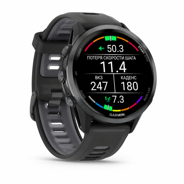 Garmin Forerunner 970 47 мм: чёрный корпус и титановый безель Carbon Grey DLC, общий ракурс с циферблатом
