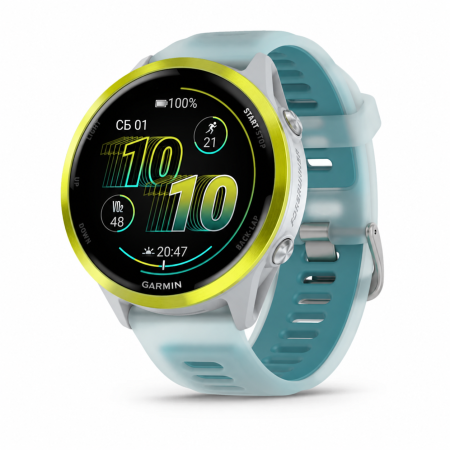 Garmin Forerunner 570 47 мм, жёлтый безель и бирюзовый ремешок — вид спереди под углом