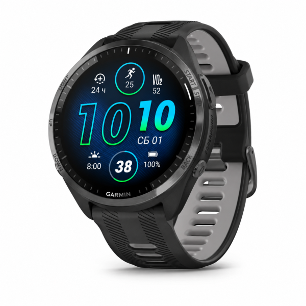 Спортивные часы Garmin Forerunner 965 47,1 мм, чёрный корпус, титановый безель Carbon Grey DLC, ремешок чёрный / светло-серый Powder Grey (010-02809-10)