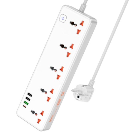 Сетевой фильтр удлинитель Hoco AC14A 5 розеток 3 USB и Type-C 2500W 1.5м Белый