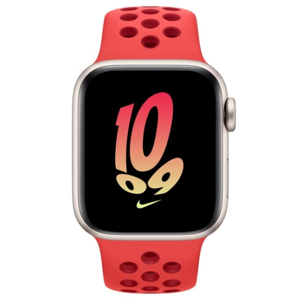 Apple Watch Nike SE (2022), 40 мм корпус из алюминия цвета «сияющая звезда», спортивный ремешок Nike цвета «Bright Crimson/Gym Red»