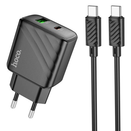 Сетевое зарядное устройство Hoco CS23A с разъемами USB-C 30W + USB-A 18W, поддерживает быструю зарядку, с кабелем USB-C-USB-C 1м, черное