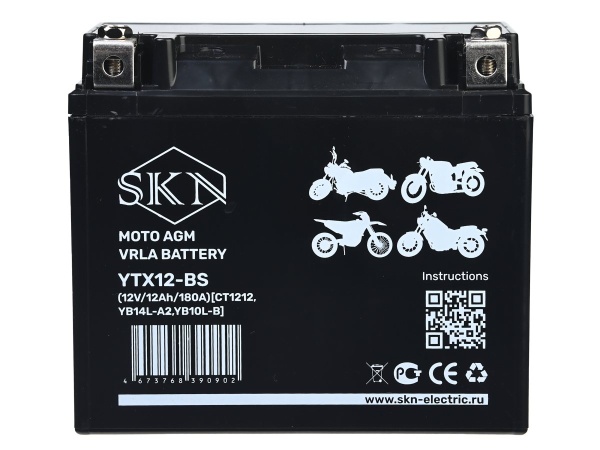 Аккумулятор стартерный для мототехники SKN YTX12-BS (12V/12Ah/180A) [CT 1212, YB14L-A2, YB10L-B]