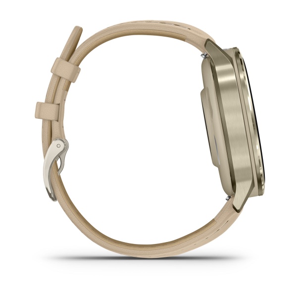 Garmin Venu 4 41 мм, золотистый Lunar Gold, ремешок силиконовый цвета слоновой кости Bone и светло-песочный кожаный: основной циферблат, русская адаптация