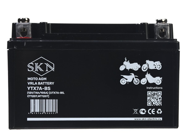 Аккумулятор стартерный для мототехники SKN YTX7A-BS (12V/7Ah/105A) [UTX7A-BS, CT 1207, MT 1207]