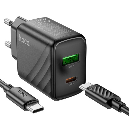 Сетевое зарядное устройство Hoco CS23A с разъемами USB-C 30W + USB-A 18W, поддерживает быструю зарядку, с кабелем USB-C-USB-C 1м, черное