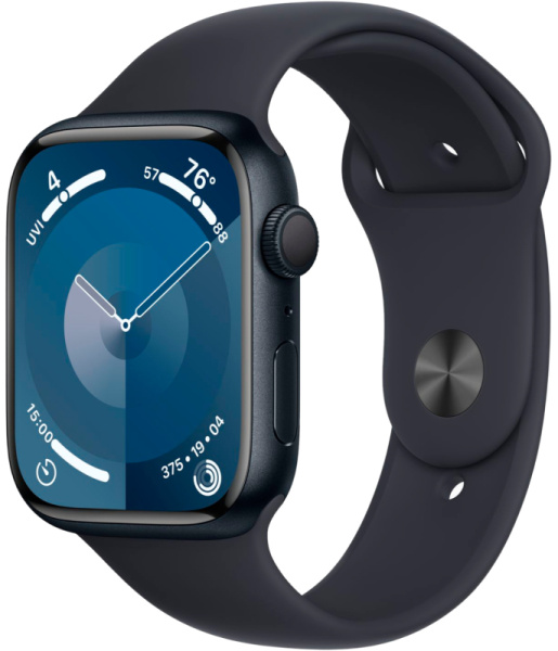 Apple Watch Series 9, 45 мм, корпус из алюминия цвета «тёмная ночь», спортивный ремешок цвета «тёмная ночь», размер M/L