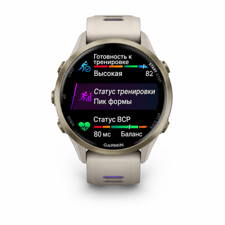 Garmin Forerunner 970 47 мм: серый корпус French Grey и золотистый титановый безель Soft Gold, экран готовности к тренировке, статуса тренировки и вариабельности пульса — русская адаптация экранных подписей