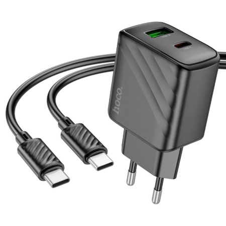Сетевое зарядное устройство Hoco CS23A с разъемами USB-C 30W + USB-A 18W, поддерживает быструю зарядку, с кабелем USB-C-USB-C 1м, черное