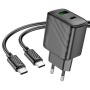 Сетевое зарядное устройство Hoco CS23A с разъемами USB-C 30W + USB-A 18W, поддерживает быструю зарядку, с кабелем USB-C-USB-C 1м, черное