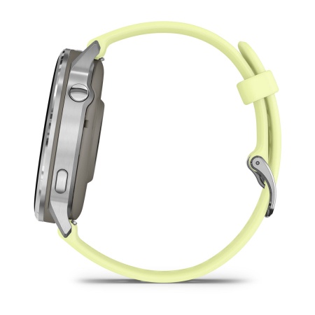 Garmin Venu 4 45 мм, цитроновый силиконовый ремешок: боковой профиль с двумя кнопками