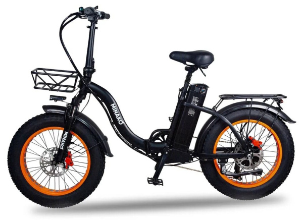 Электровелосипед Minako F11 черный с оранжевыми колесами
