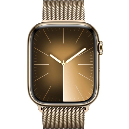 Apple Watch Series 9, 45 mm, корпус из нержавеющей стали золотого цвета, миланский сетчатый ремешок золотого цвета