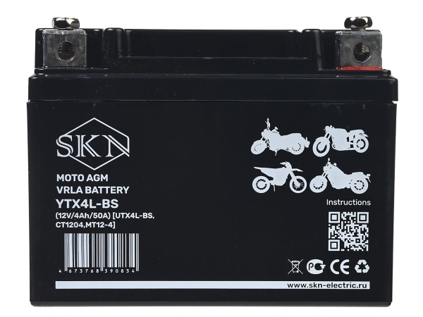 Аккумулятор стартерный для мототехники SKN YTX4L-BS (12V/4Ah/50A) [UTX4L-BS, CT 1204, MT 12-4]