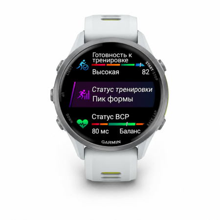 Garmin Forerunner 970 47 мм: светлый корпус Whitestone и титановый безель, экран готовности к тренировке, статуса тренировки и вариабельности пульса — русская адаптация экранных подписей