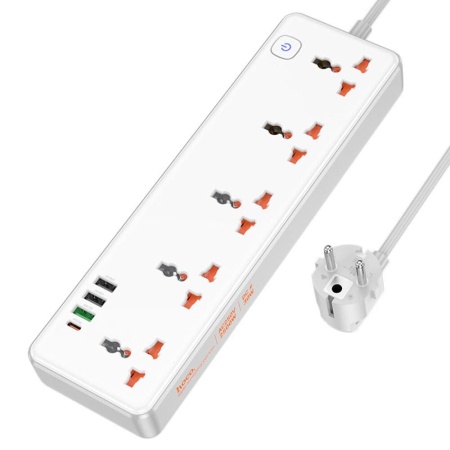 Сетевой фильтр удлинитель Hoco AC14A 5 розеток 3 USB и Type-C 2500W 1.5м Белый