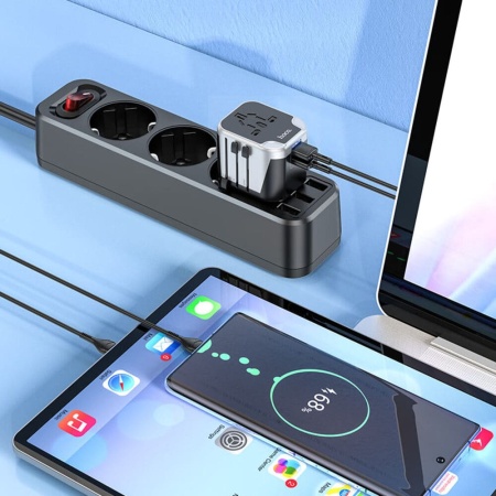 Зарядное устройство для всех стран мира Hoco AC5 Travel Companion, 2USB+1розетка, Черный+Серебристый