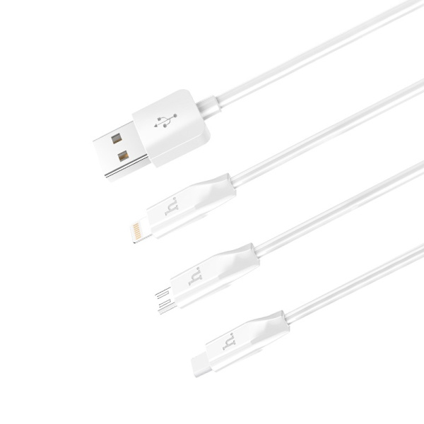 Кабель USB HOCO X1 Rapid 3in1, USB - MicroUSB+Type-C+Lightning, 2.1А, белый