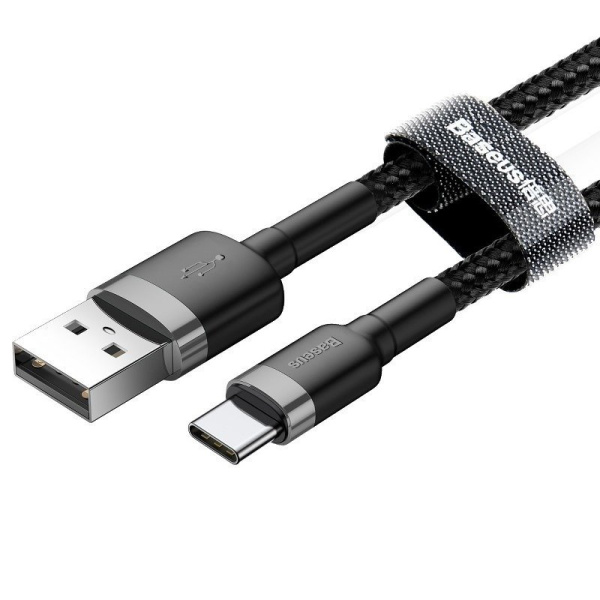 Кабель USB BASEUS Cafule, USB - Type-C, 3A, 1 м, серый+черный (CATKLF-BG1)